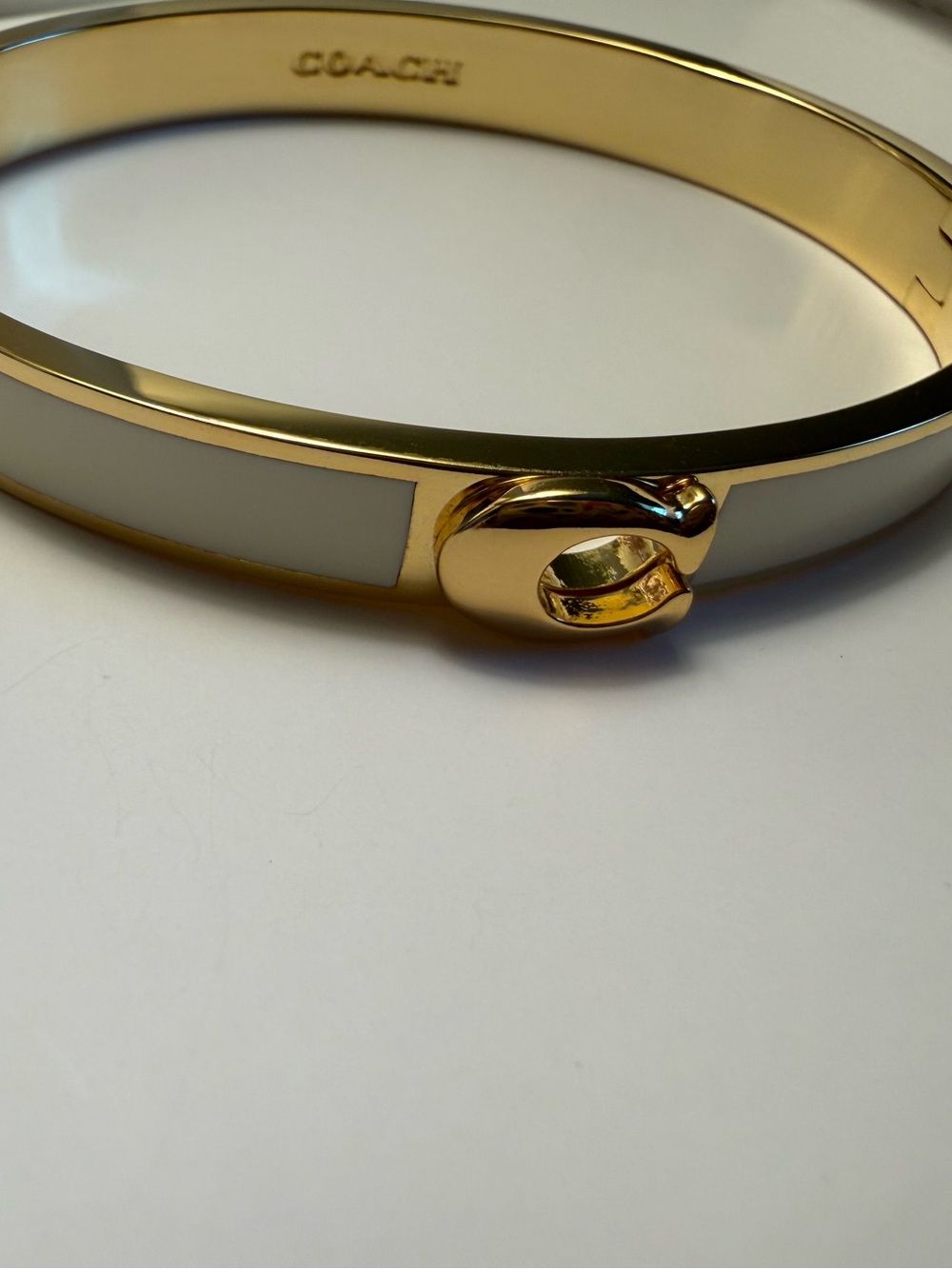 Coach Gold and Cream Enamel Signature C Hinge Bangle